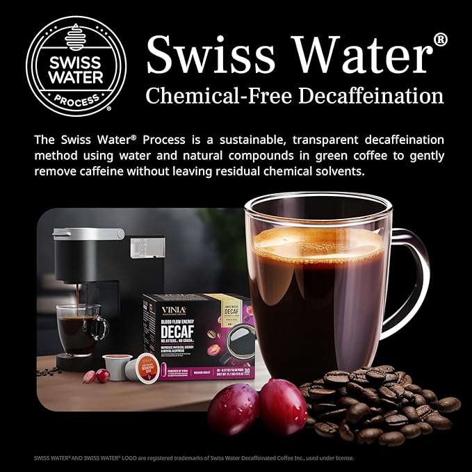 VINIA Decaf Medium Dark Roast Coffee with Red Grape Piceid Resveratrol Nitric Oxide for Heart Health Alertness Physical Energy &amp Blood Flow Circulation. 30ct K-Cup Pods