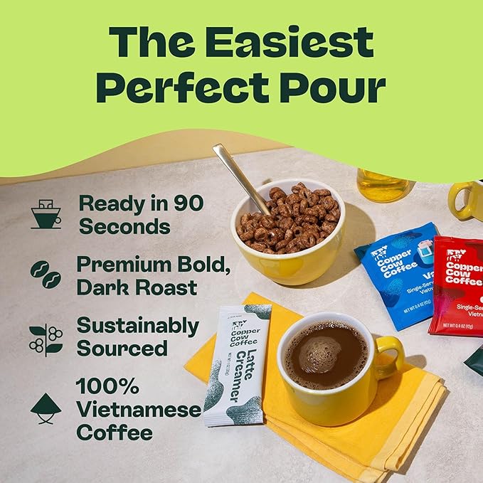 Copper Cow Vietnamese Coffee Variety Pack (15 Coffees &amp 15 Creamers)| Classic Vanilla &amp Salted Caramel Latte | Pour Over Single-Serve Lattes No Refrigeration Needed Travel Friendly Ground