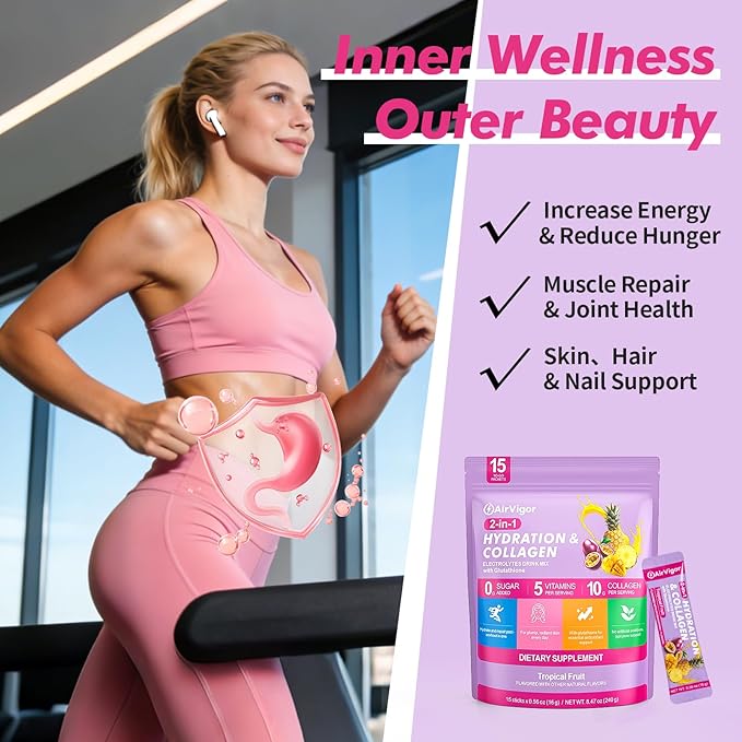Electrolyte Collagen Powder Packets 10g Collagen Protein Drink Mix for Hydration Recovery Zero Sugar 2-in-1 Post Workout Rehydration Joint Skin Muscle Support 5 Vitamins Tropical Fruit