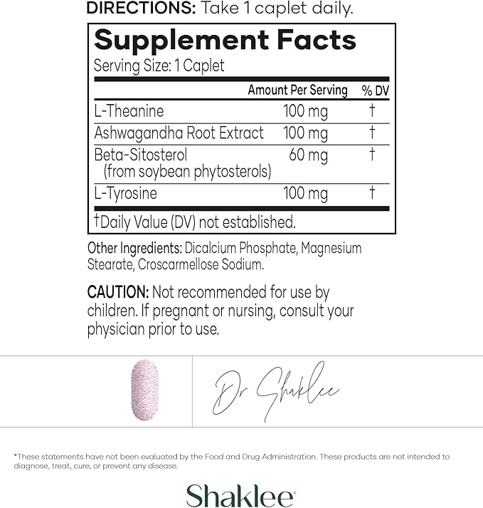 Shaklee - Stress Relief Complex - Calming Blend of L-theanine Ashwagandha Beta-sitosterol and L-tyrosine - Promotes Relaxation without Drowsiness - 1 Caplet Daily - Adults Supplement - 30 Caplets