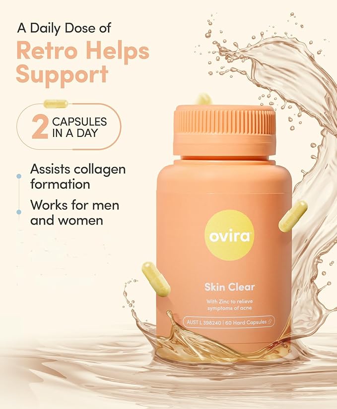 Ovira Skin Clear with ZINCBRIGHT - 60 Capsules for Clear &amp Glowing Skin | Rosacea &amp Hormonal Acne Treatment with Vitamin C | Support Collagen Production | Acne Supplements for Women &amp Men