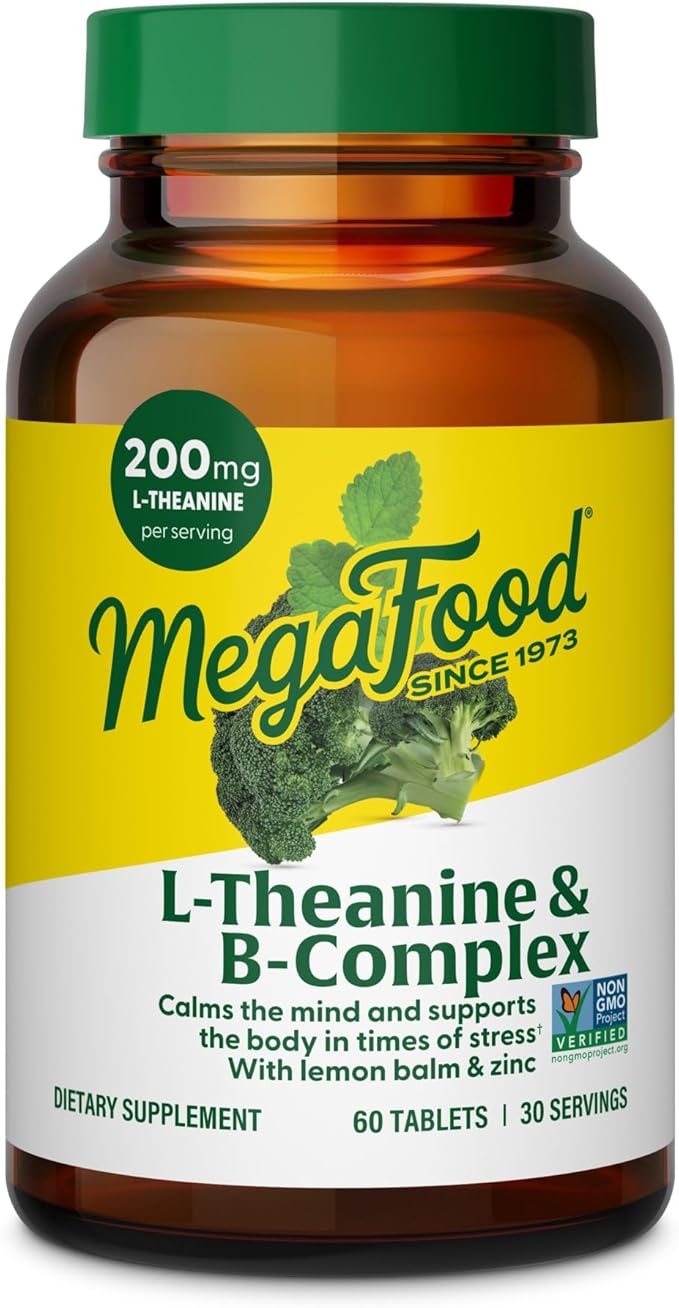 MegaFood L-Theanine &amp Vitamin B Complex with Vegan B12 B6 Folate Biotin &amp More - 200 mg L Theanine Supplement - B Complex Vitamins for Women &amp Men - Plus Lemon Balm &amp Zinc - 60 Tabl
