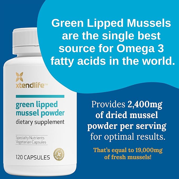 Xtendlife Green Lipped Mussel Powder - 2400mg Supplement with Omega-3 Fatty acids from New Zealand for Joint Health 120 Capsules (2 Pack)
