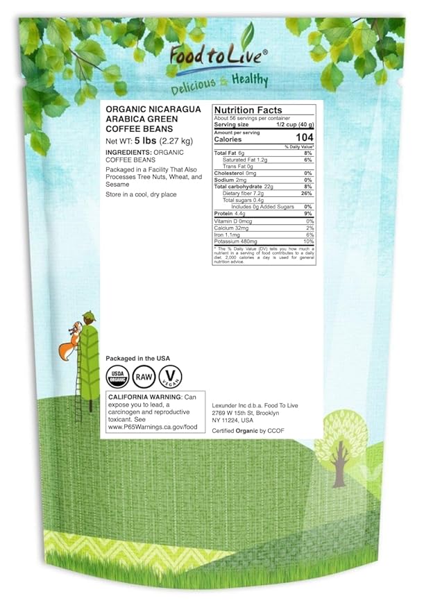 Food to Live Organic Nicaragua Arabica Green Coffee Beans 5 Pounds – Whole Unroasted Washed Bean. Fresh Crop. No-GMO Vegan Bulk