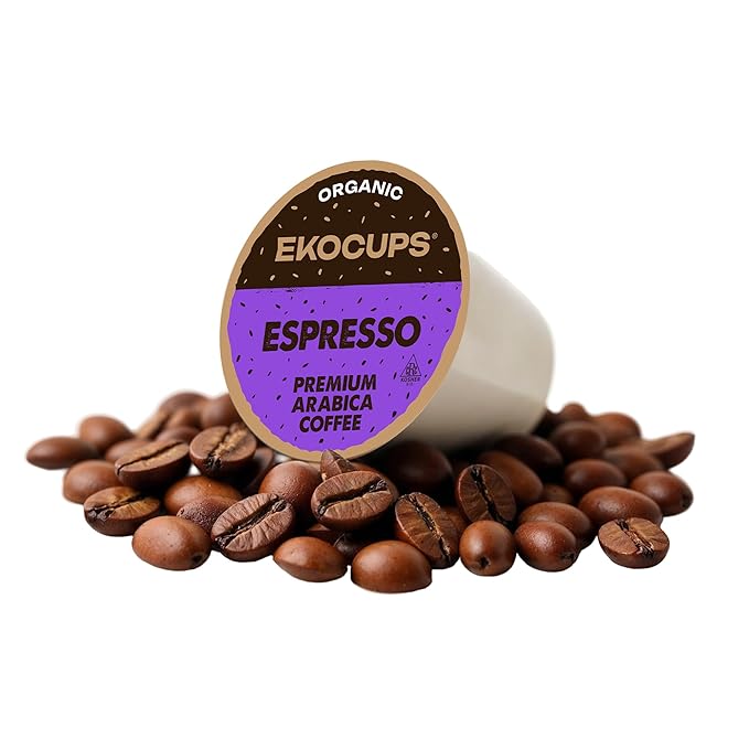 EKOCUPS Organic Espresso Coffee Pods Extra 30% More Coffee Per Cup Fair Trade Dark Roast Coffee Pods Espresso Roast for Keurig K Cup Machines Recyclable Pods 80 Count