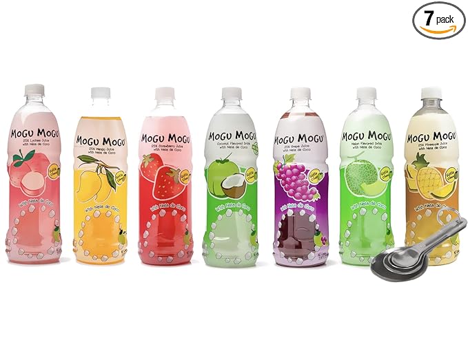 [Pack of 7] [Free Measuring Spoon] Mogu Mogu Juice with Nata De Coco - 33.8 Fl Oz Large Family Size (7 Mixed Flavor) 320 ml