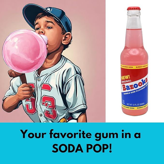 Generic Bazooka Soda | 6 Pack of Soda Pop with Real Cane Sugar | Classic Gum Flavor in Soda | 12 oz Glass Bottles with Crazy Soda Pop Bottle Opener