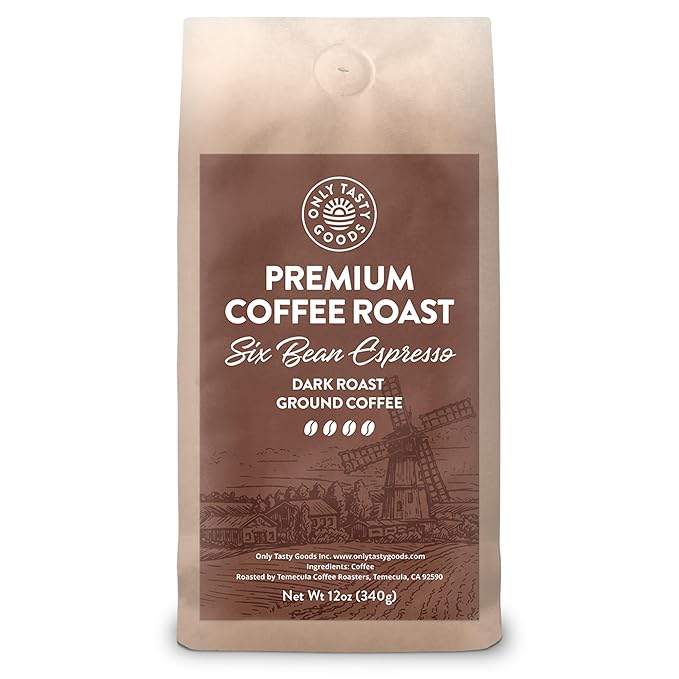 6 Bean Espresso Dark Roast Ground Coffee Bold &amp Smooth GMO-Free Vegan Freshly Roasted in California 12 oz.