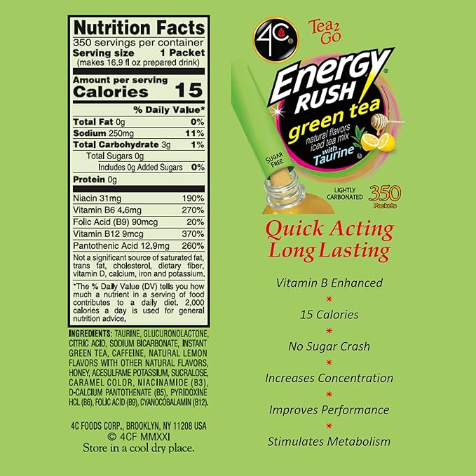 4C Powder Energy Rush Stix Energy Rush - Green Tea 350 Count Bulk Buy Singles Stix On the Go Refreshing Water Flavorings Value Pack