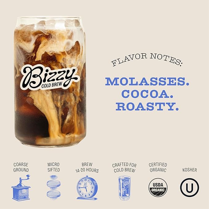 Bizzy Organic Cold Brew Coffee | Dark &amp Bold Blend | Coarse Ground Coffee | Dark Roast | Micro Sifted | Specialty Grade | 100% Arabica | 2 LB