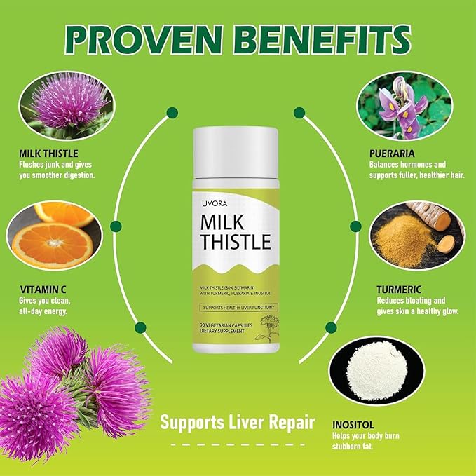 UVORA Milk Thistle Extract 300 mg Extract with Vitamin C Inositol &amp Pueraria Liver Detox Support Antioxidant Support 90 Capsules