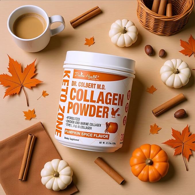 Dr. Colbert MD Hydrolyzed Collagen Powder | Pumpkin Spice Flavor | Divine Health | Type I II III Chicken &amp Marine | Hair Skin &amp Nails | Recommended in Keto Zone | 630g | 30 Servings