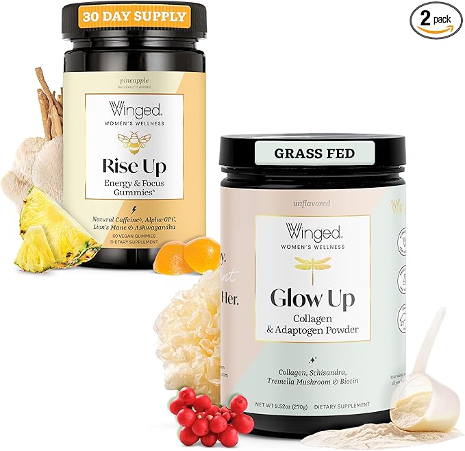 Winged Rise Up Gummies | Energy &amp Brain Boost Supplement &amp Glow Up Collagen Powder | Better Hair Skin Nails for Women Bundle