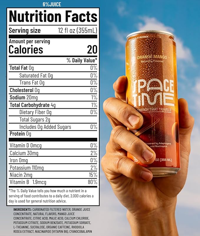 SpaceTime Productivity &amp Focus Energy Drink – Real Juice Infused Nootropic Drink with 50mg Organic Caffeine L-Theanine Rhodiola &amp B Vitamins – Clean Low-Caffeine Brain Boost – Orange Mango