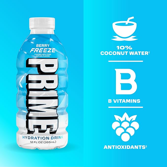 PRIME HYDRATION Berry Freeze Cherry Freeze &amp Ice Pop Sports Drinks 12 Fl Oz 15 Variety Pack &amp PRIME 32 oz Blue Squeeze Sports Water Bottles 12 Pack Bundle
