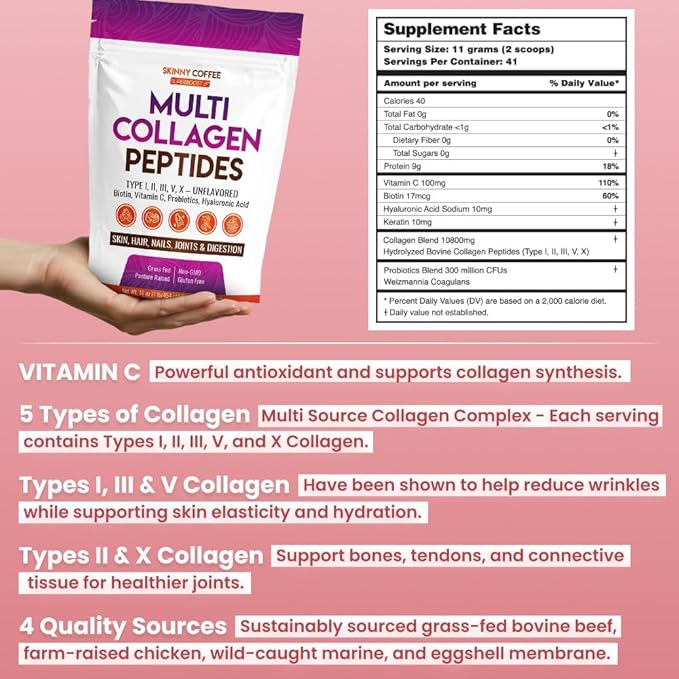 Multi Collagen Peptides Powder – Unflavored Grass-Fed Types I II III V X – with Biotin Hyaluronic Acid Probiotics &amp Vitamin C – Supports Hair Skin Nails &amp Joints – Non-GMO – 41 Servi