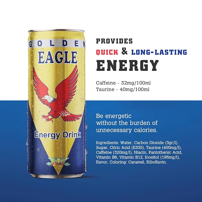 Golden Eagle Energy Drink - 8.4 fl oz Cans (24-Pack) - Albanian Energy Drink Real Sugar Enhanced Energy &amp Focus Vitamins &amp Minerals Perfect for Athletes &amp Professionals Natural Taste M