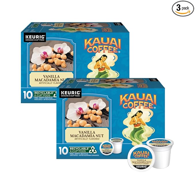 Kauai Coffee K-Cup Pods - Vanilla Macadamia Nut Flavor – Premium Arabica 10 CT (Pack of 2)