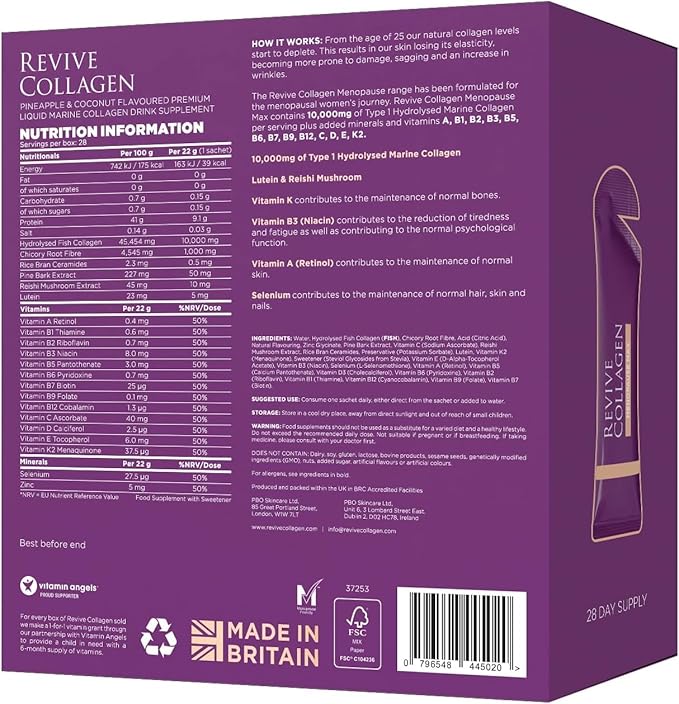 Revive Collagen Menopause Max — Hydrolyzed Marine Collagen Drink for Women 10000MG Lutein Reishi Mushroom Vitamin B6 B12 C &amp D for Skin &amp Eye Health Pineapple &amp Coconut Flavour —