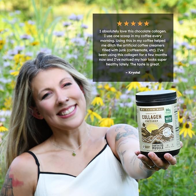 Earth Fed Muscle Chocolate Collagen Peptides Powder – Grass Fed Hydrolyzed Collagen for Women &amp Men - Healthy Bones Skin &amp Hair - Types 1 &amp 3 Collagen Powder 20g Per Serving 19 Servings