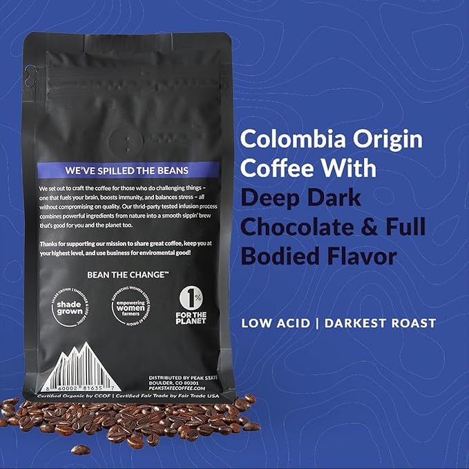 Peak State Stress Less Coffee with Benefits Dark Roast – Mushroom Coffee Low Acid &amp Smooth Full-Bodied &amp Deep Dark Chocolate Organic Whole Bean Coffee Gluten Free 12 oz. Each