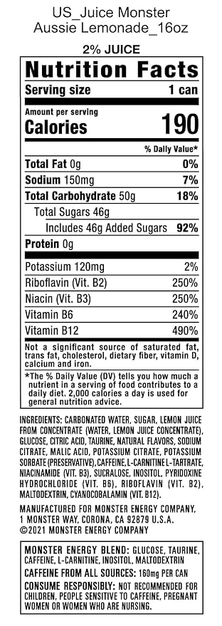 Monster Energy Juice Aussie Style Lemonade Energy + Juice 16 Oz | Pack of 15