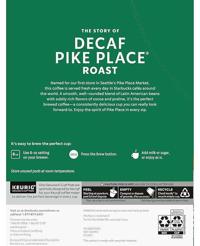 Starbucks Decaf Pike Place Roast K Cups 24 Count (Pack of 2)