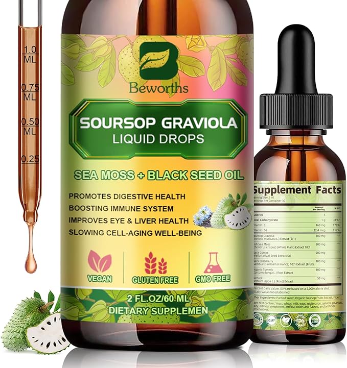Soursop Bitters Liquid Drops with Irish Sea Moss Black Seed Oil Soursop Graviola Leaves Extract - Multivitamin Complex Supports Antioxidant Slowing Cell-Aging Gut Cleanse Detox &amp Immunity Hea