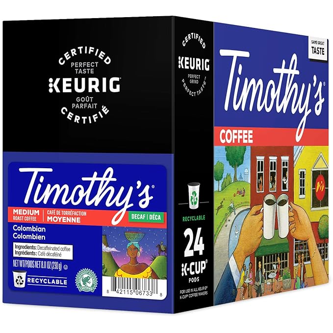 Timothy's Decaf Colombian Coffee Single-Serve Keurig K-Cup Pods Medium Roast Coffee 96 Count