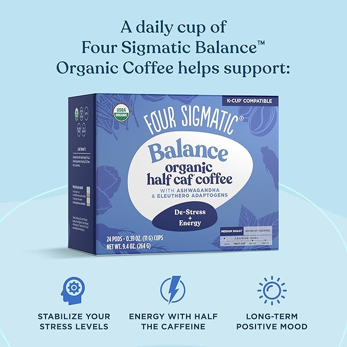 Four Sigmatic Adaptogen Coffee K-Cups | Organic Medium Roast Ground Coffee with Ashwagandha Eleuthero Chaga &amp Tulsi | Immune Support &amp Stress Relief | Keto | 24 Count