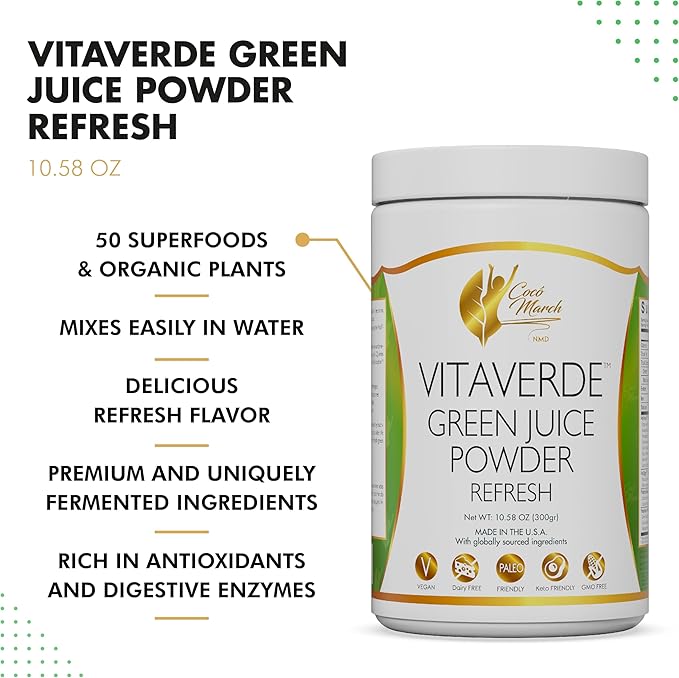 Cocó March N.M.D VitaVerde Green Juice Powder 50 Superfoods Enzymes &amp Probiotics- Refresh Flavor Organic - Vegan Paleo Friendly Dairy Free Keto Friendly GMO Free 10.58 oz 300 g