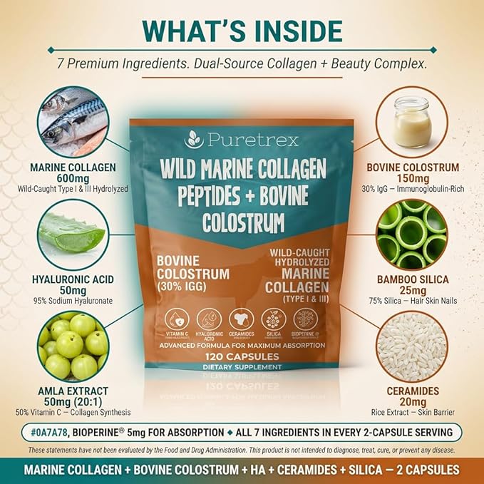 Wild Marine Collagen Peptides with Bovine Colostrum 120 Capsules Advanced Formula for Skin Joints Gut Health Immunity Support GMO-Free