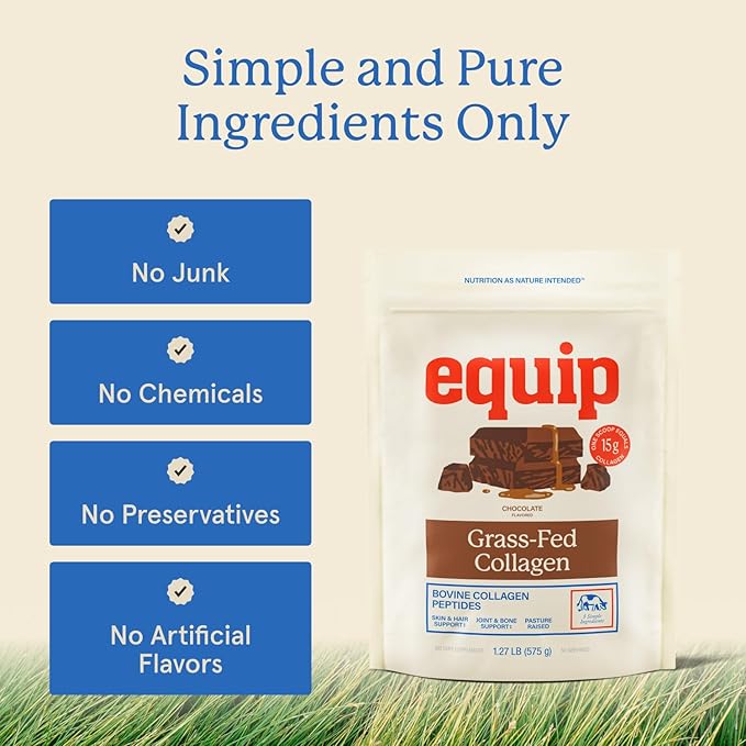 Equip Foods Grass Fed Collagen Powder | Hydrolyzed Bovine Collagen Peptides with Amino Acids | Prime Beef Collagen for Healthy Joints Skin &amp Nails | Non-GMO Paleo Friendly | 30 Servings Chocola