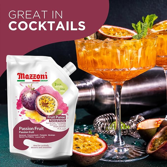 Mazzoni - Passion Fruit Juice Puree 100% Maracuya Just Fruit No Sugar Added 2.2 lbs (35.2 oz) Real Fruit Mixer for Cocktails Smoothies Drinks Fruit Juice Convenient Pouch Made in Italy