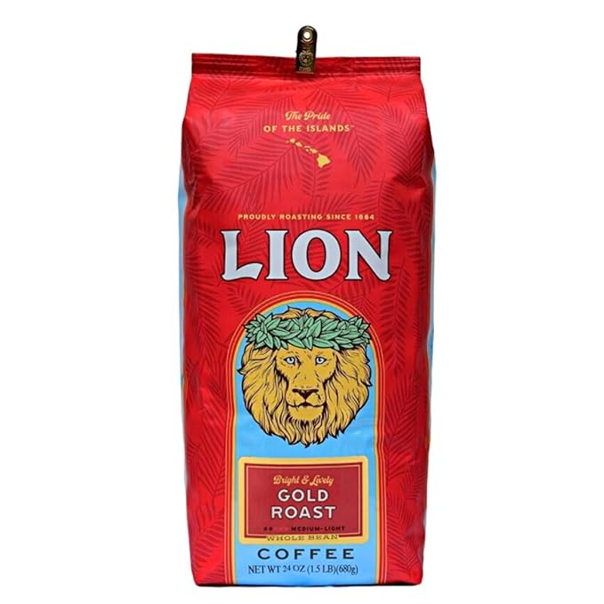Lion Coffee 24K Gold Roast 100% Kona Whole Bean Coffee Medium-Light Roast A Taste of Aloha - 7 Ounce Bag