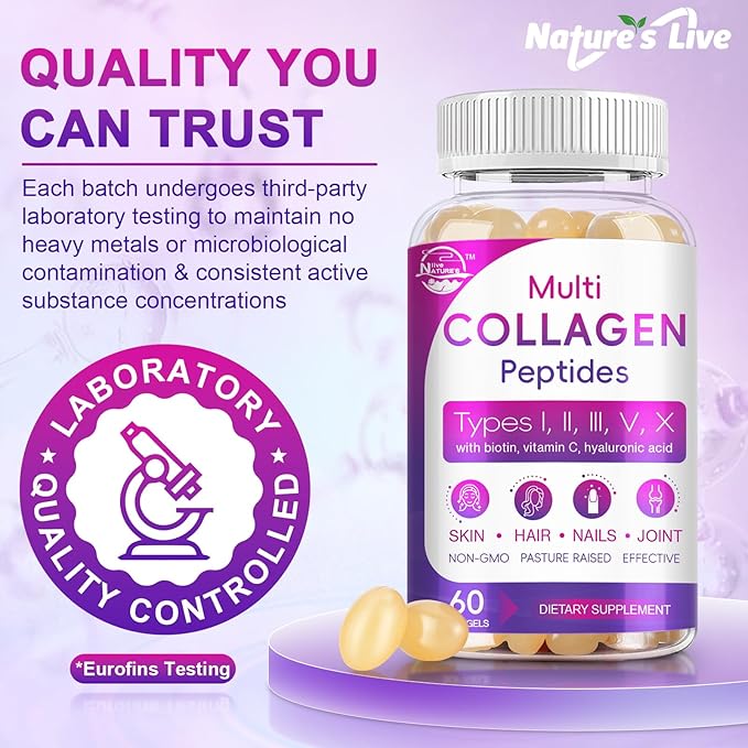 Multi Collagen Peptides Softgel - Type I II III V X - Hydrolyzed Collagen Peptides with Biotin Vitamin C Hyaluronic Acid Supports Skin Hair Nail Grass-Fed Non-GMO 60 Softgel 3 Pack