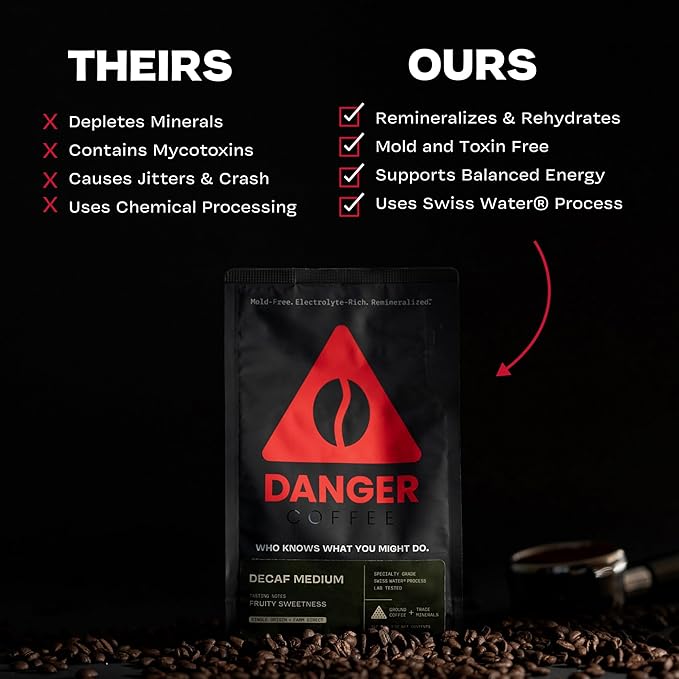 Danger Coffee by Dave Asprey Remineralized Mold Free &amp Lab Tested Swiss Water Decaf Ground Coffee Medium Roast Decaffeinated 10.9 Ounce