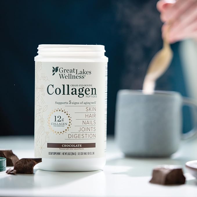 Great Lakes Wellness Collagen Peptides Powder for Skin Hair Nails Joints &amp Digestion - Chocolate Flavored - Quick Dissolve Hydrolyzed Non-GMO Kosher - 10 oz