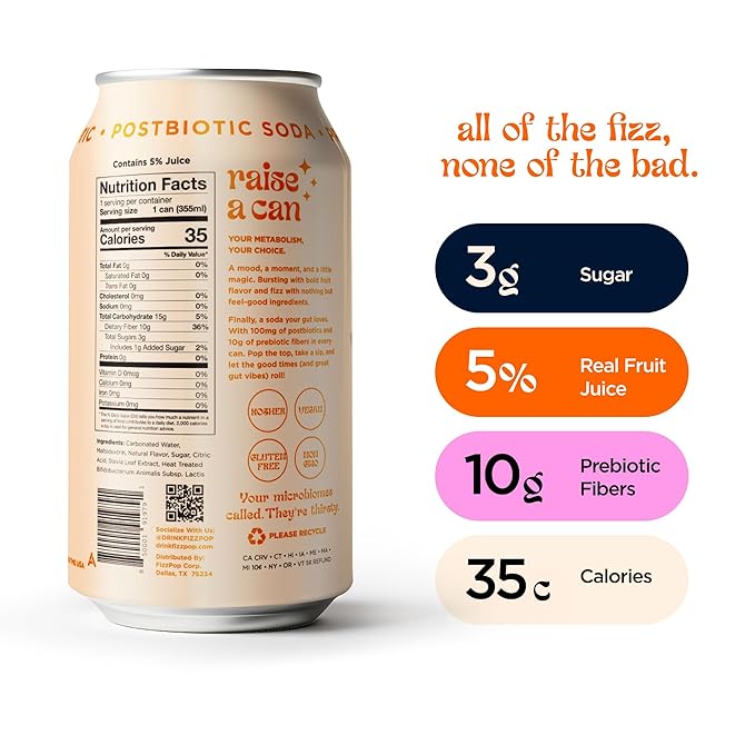 Fizz Pop Metabolic Sparkling Postbiotic and Prebiotic Soda Pop Gut Health Seltzer Water Fiber Drink Metabolism Booster Orange Bliss Flavor 12 oz Cans (Pack of 12)