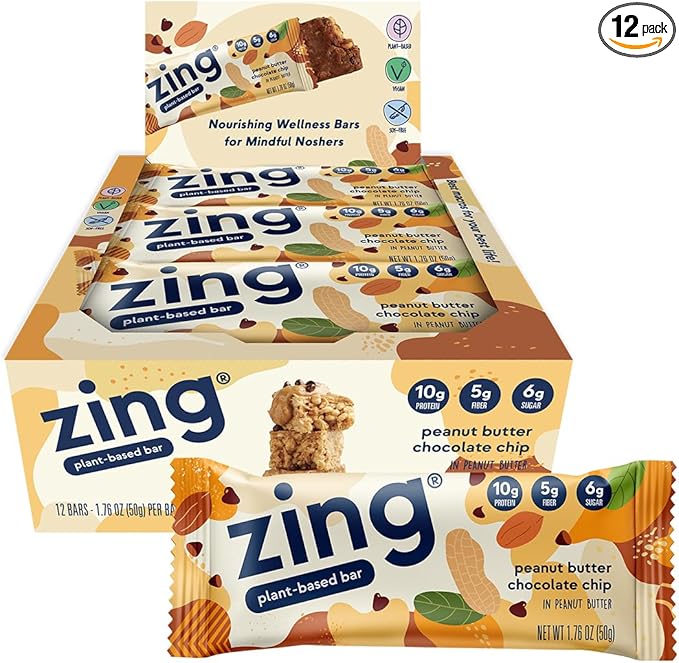 Zing Peanut Butter Chocolate Chip Vegan Protein Bars Gluten Free with High Protein High Fiber Dairy Free Nutrition Bars Plant Based Protein Kosher Low Sugar No Sugar Alcohols - 12 count