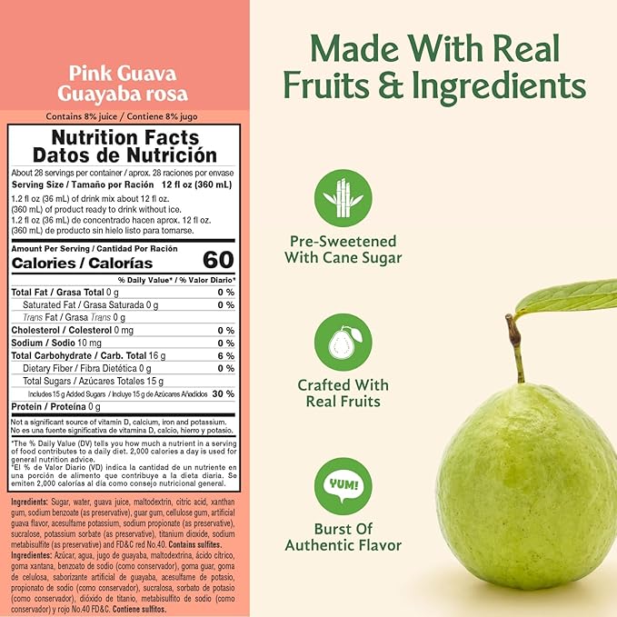 Frutiva Authentic Pink Guava Drink Mix | Made in Mexico with Cane Sugar | Aguas Frescas Concentrate Makes 2.6 Gallons Per Bottle | No High Fructose Corn Syrup | Perfect for Drinks Desserts &amp More