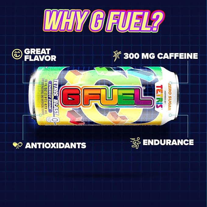 G Fuel Energy Drink Candy Flavor Sugar Free Beverage with 300mg Caffeine Daily Energy Boost with Focus Amino Vitamin + Antioxidants 16 oz Cans (Tetris 12-Pack)
