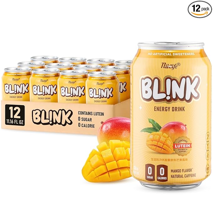 NÜLIFE BL!NK Zero Sugar Sparkling Energy Drink 96mg Natural Caffeine Contains Lutein Clean Energy Drink No Artificial Sweetener Mango Flavor 11.16 Fl Oz (Pack of 12)