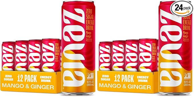 Zevia Zero Sugar Energy DrinkMango Ginger12 oz Cans – Naturally SweetenedZero Calorie Sugar Free Energy - Non-GMO Project VerifiedGluten-FreeVegan(Pack of 24)