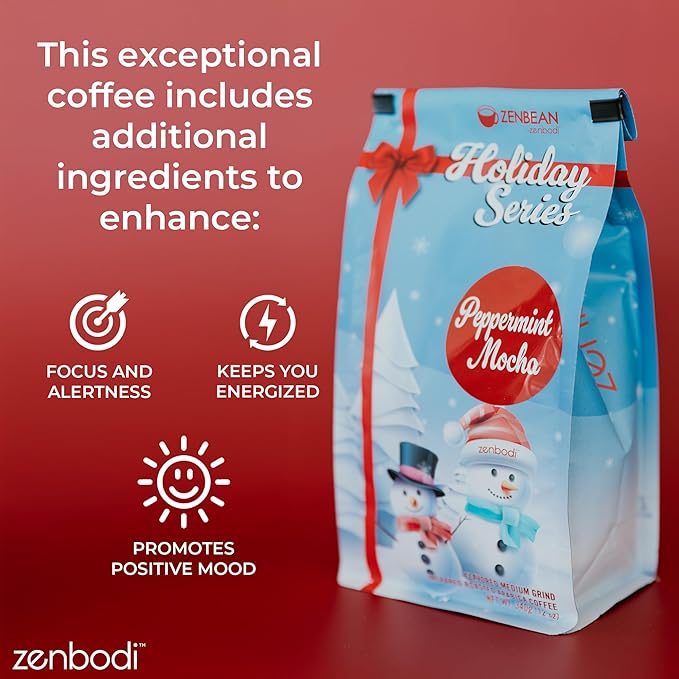 Zenbean Holiday Series Peppermint Mocha - Flavored Holiday Coffee Medium Grind Infrared Roasted Arabica Coffee Low Acid with Rhodiola Rosea and L-Theanine Makes 20 Servings 12 Ounce Bag