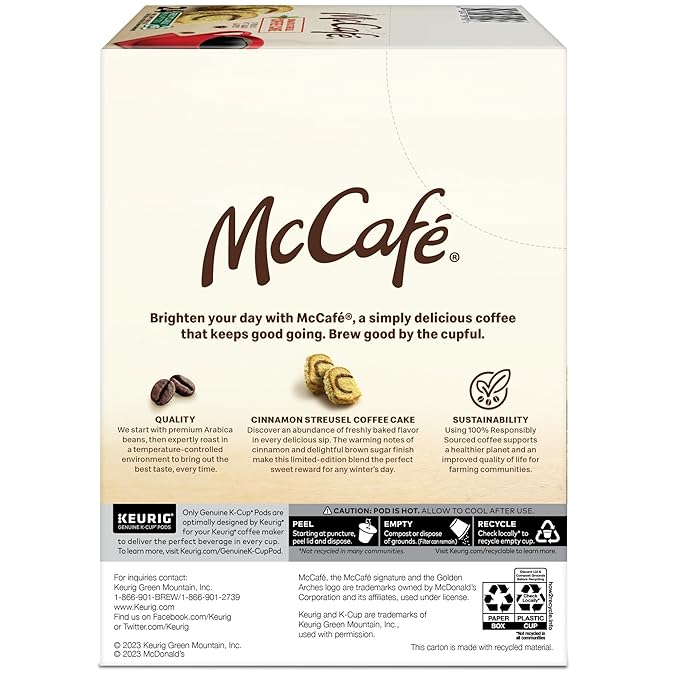 McCafe Cinnamon Streusel Coffee Cake Coffee Keurig Single Serve K-Cup Pods 96 Count (4 Packs of 24)