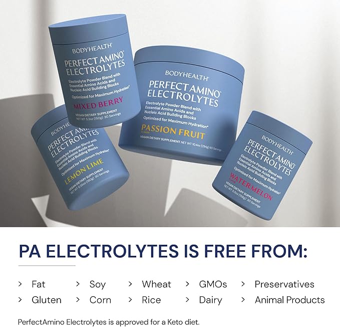 BodyHealth PerfectAmino Electrolytes Powder No Sugar Hydration Fasting Keto Zero Sugar Electrolytes Drink Mix with Trace Minerals - Passion Fruit - 30 Servings