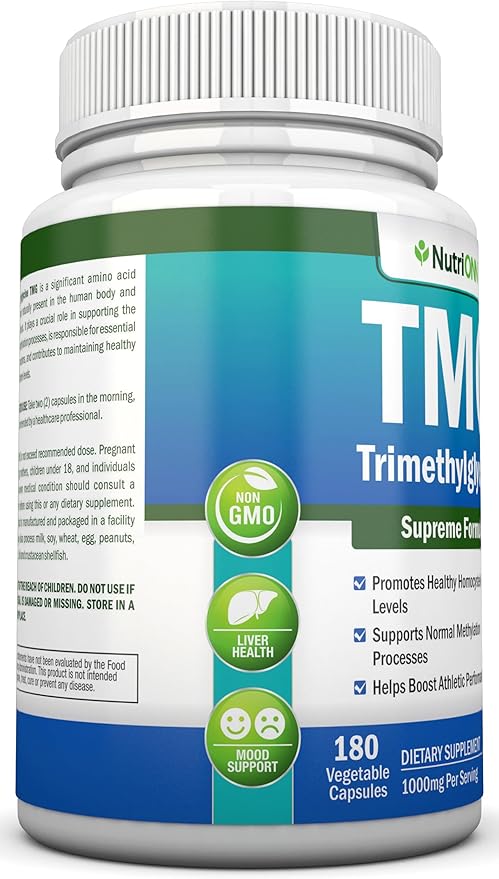 TMG Trimethylglycine Supplement - 1000mg - 180 Capsules - Premium Pure Betaine Anhydrous - Supports Normal Homocysteine &amp Blood Pressure Levels - Promotes Methylation Processes - Non-GMO Formula