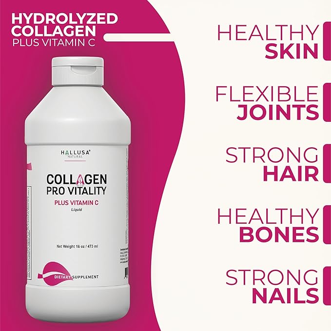 Hallusa Natural COLAGENO LIQUIDO HIDROLIZADO MAS VITAMINAS C | Collagen Pro Vitality Plus Vitamin C | Liquid Hydrolyzed Collagen 16oz with Vitamin C | Healthy Hair Skin Nails Bone &amp Joint Suppo