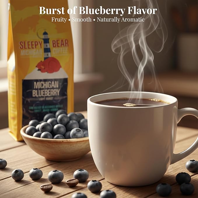 Sleepy Bear Michigan Blueberry Ground Coffee – Flavored Light Roast Arabica Fruit-Flavored Coffee with Real Blueberry Taste No Sugar Added 16oz Recloseable Bag (1 16 oz)